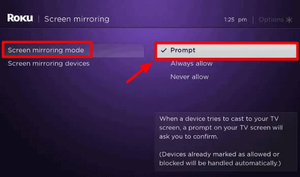Access the roku Screen Mirroring Section