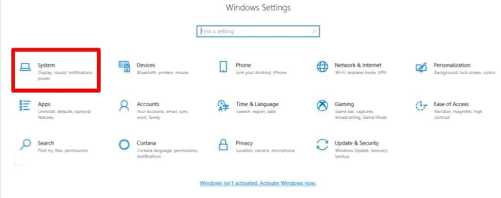 Click on ‘System in windows settings