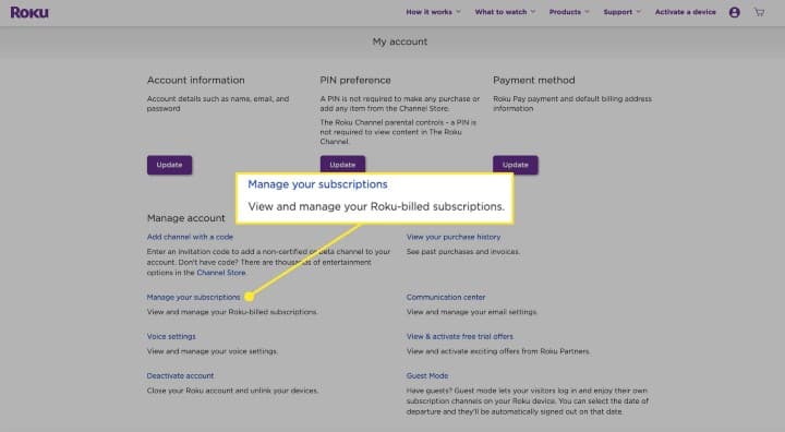 Manage Subscriptions on roku website