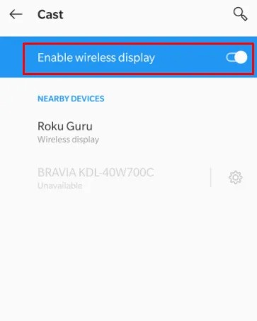 enable wireless display and choose roku device