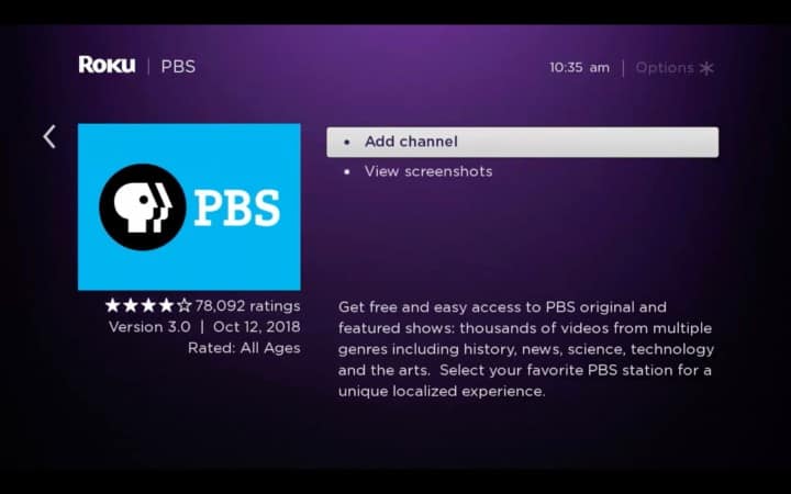 add pbs channel on roku