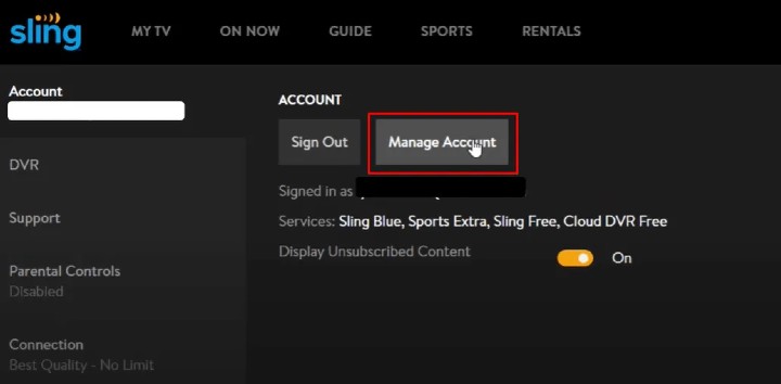 Select Manage account - Cancel Sling TV on Roku